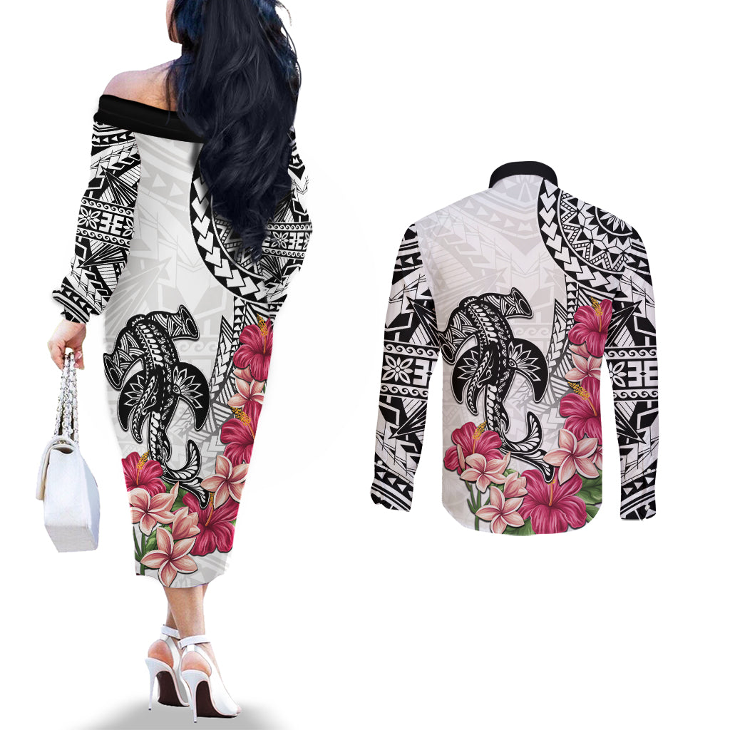 White Polynesian Hammerhead Shark Tribal Pattern Couples Matching Off The Shoulder Long Sleeve Dress and Long Sleeve Button Shirt