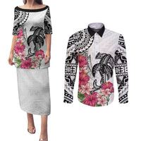 White Polynesian Hammerhead Shark Tribal Pattern Couples Matching Puletasi and Long Sleeve Button Shirt