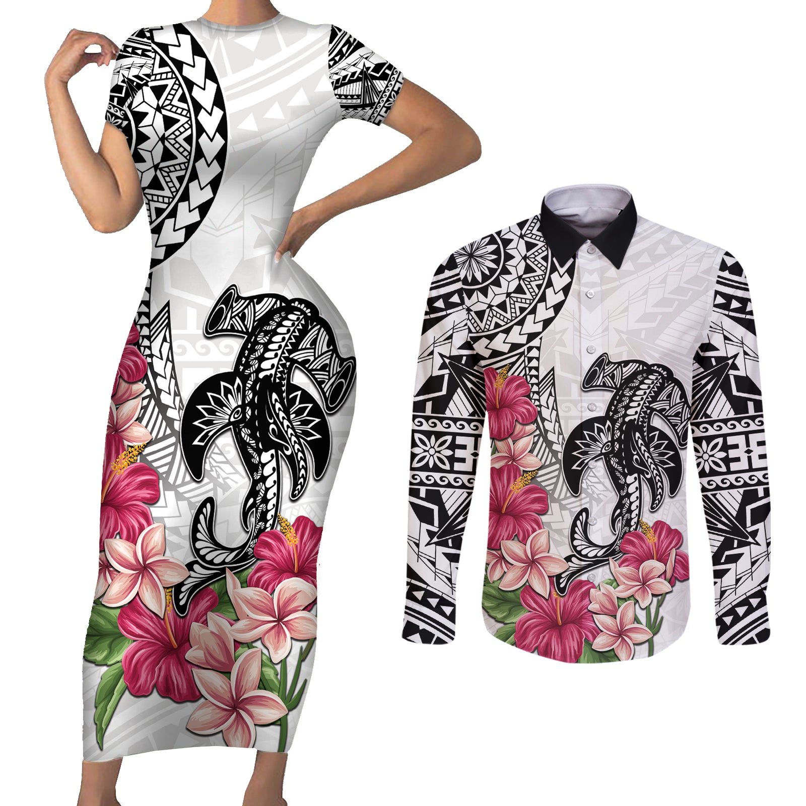 White Polynesian Hammerhead Shark Tribal Pattern Couples Matching Short Sleeve Bodycon Dress and Long Sleeve Button Shirt LT05 White - Polynesian Pride