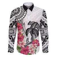 White Polynesian Hammerhead Shark Tribal Pattern Family Matching Short Sleeve Bodycon Dress and Hawaiian Shirt