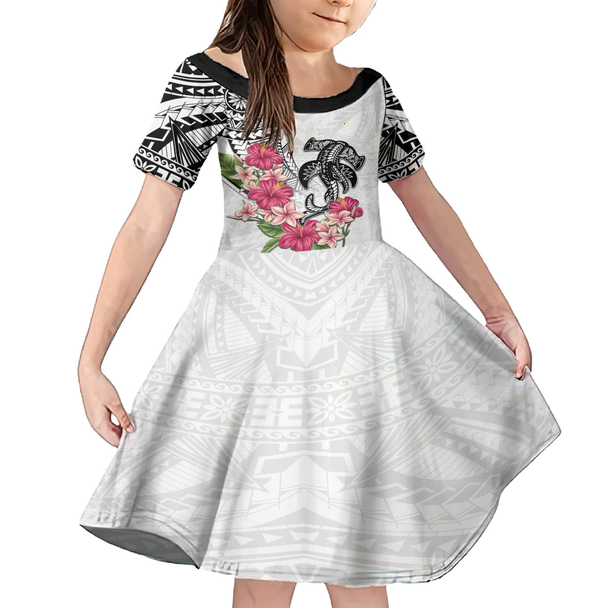 White Polynesian Hammerhead Shark Tribal Pattern Family Matching Summer Maxi Dress and Hawaiian Shirt LT05 Daughter's Dress White - Polynesian Pride