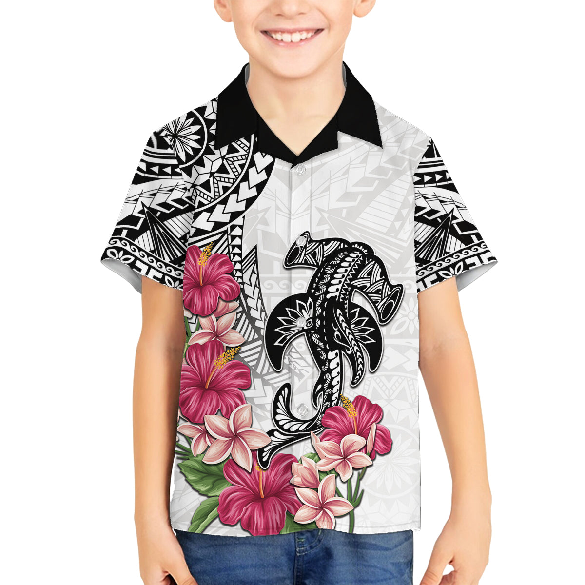 White Polynesian Hammerhead Shark Tribal Pattern Family Matching Summer Maxi Dress and Hawaiian Shirt LT05 Son's Shirt White - Polynesian Pride