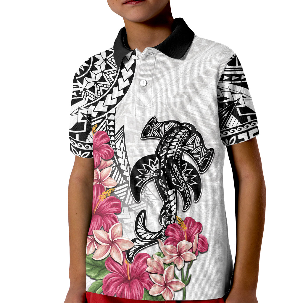 White Polynesian Hammerhead Shark Tribal Pattern Kid Polo Shirt