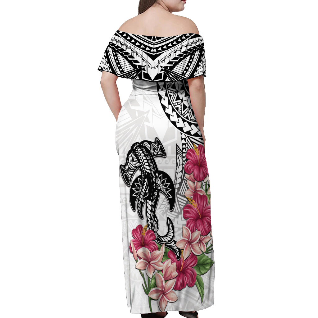 White Polynesian Hammerhead Shark Tribal Pattern Off Shoulder Maxi Dress