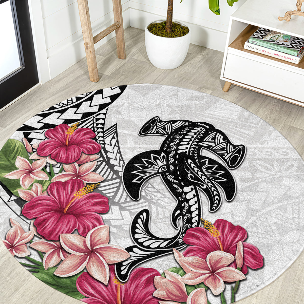 White Polynesian Hammerhead Shark Tribal Pattern Round Carpet LT05 White - Polynesian Pride