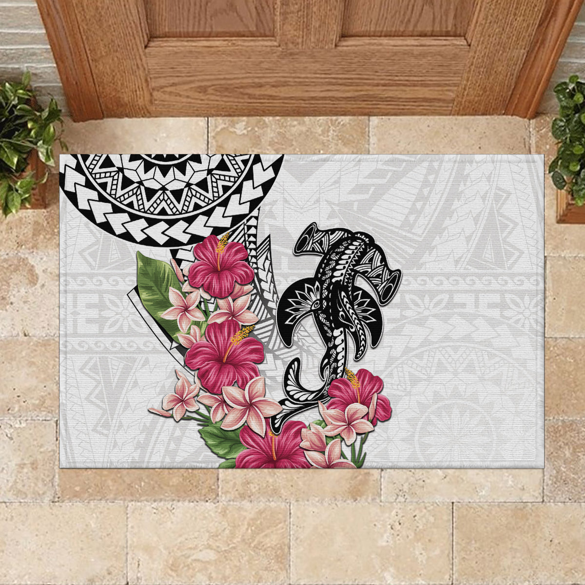 White Polynesian Hammerhead Shark Tribal Pattern Rubber Doormat