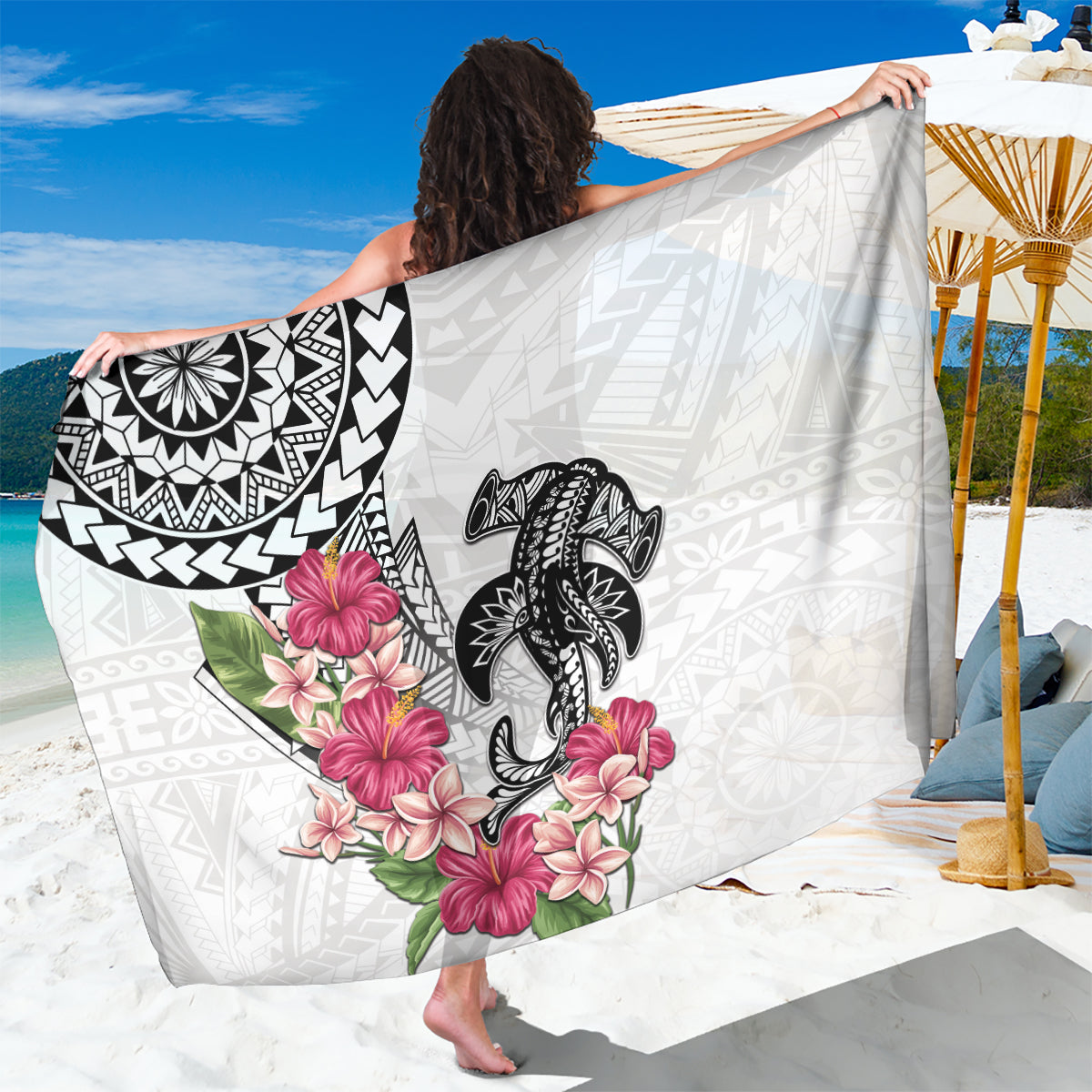 White Polynesian Hammerhead Shark Tribal Pattern Sarong LT05 One Size 44 x 66 inches White - Polynesian Pride