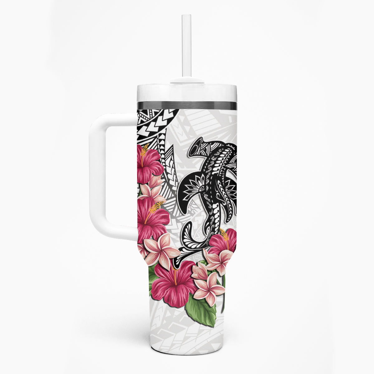 White Polynesian Hammerhead Shark Tribal Pattern Tumbler With Handle