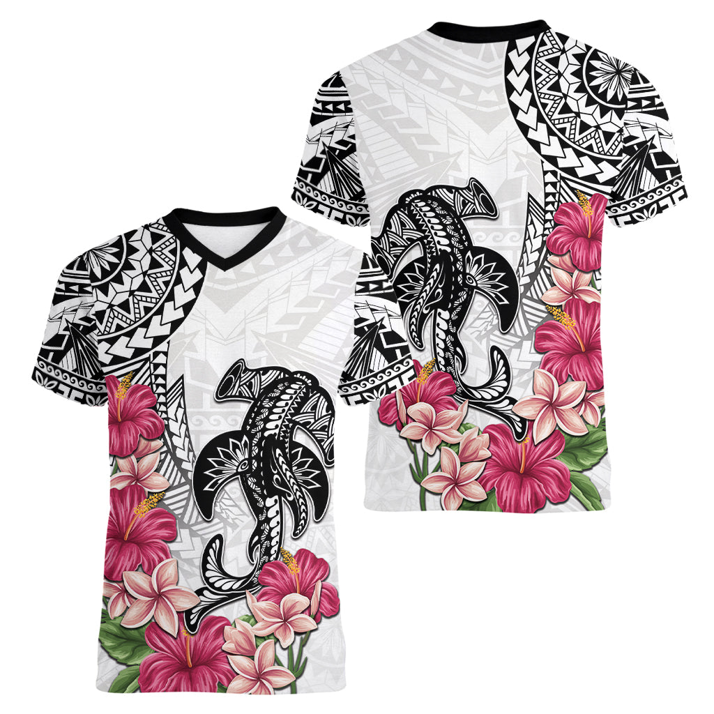 White Polynesian Hammerhead Shark Tribal Pattern Women V-Neck T-Shirt
