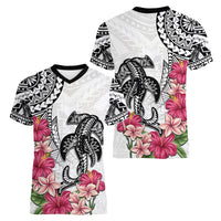 White Polynesian Hammerhead Shark Tribal Pattern Women V-Neck T-Shirt