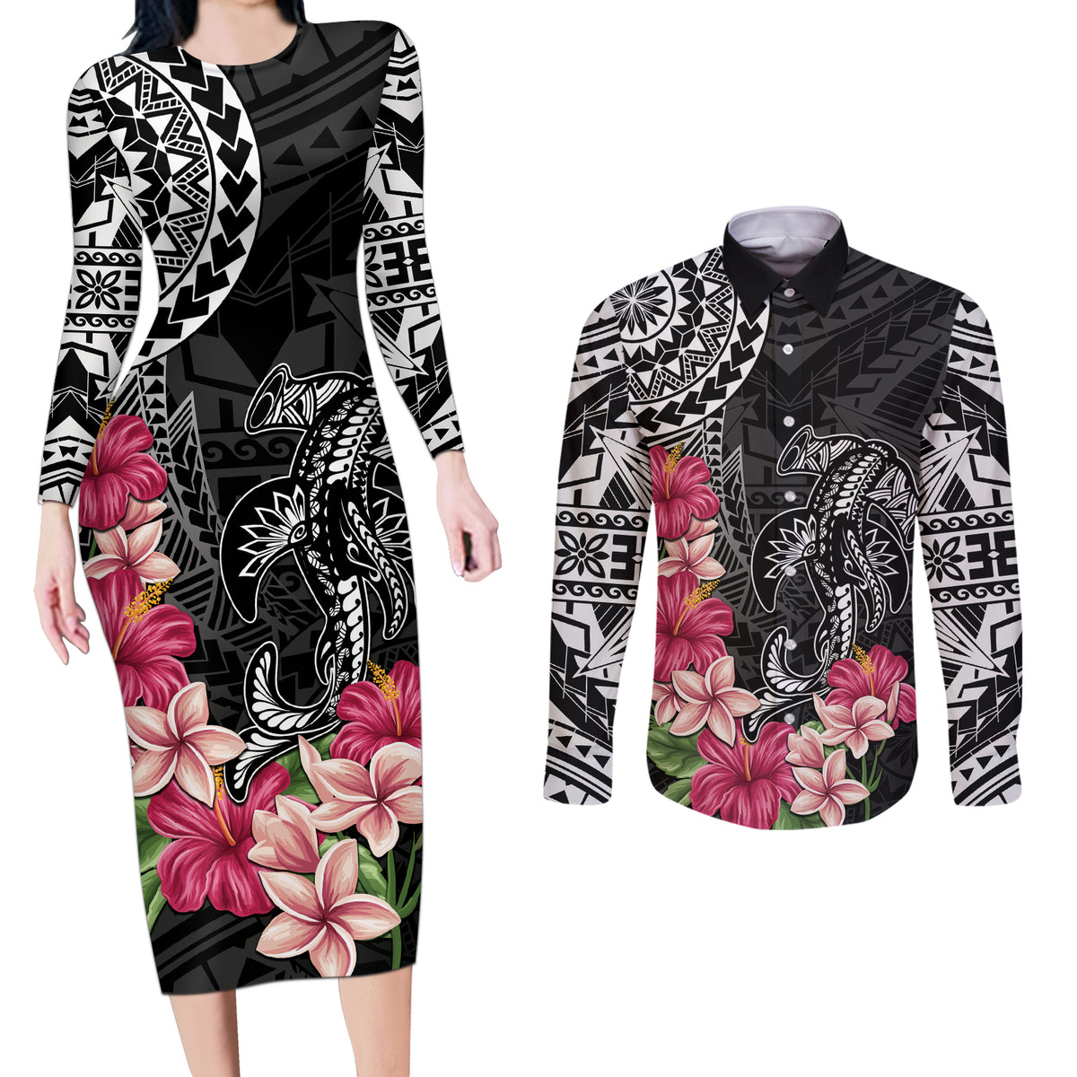 Black Polynesian Hammerhead Shark Tribal Pattern Couples Matching Long Sleeve Bodycon Dress and Long Sleeve Button Shirt