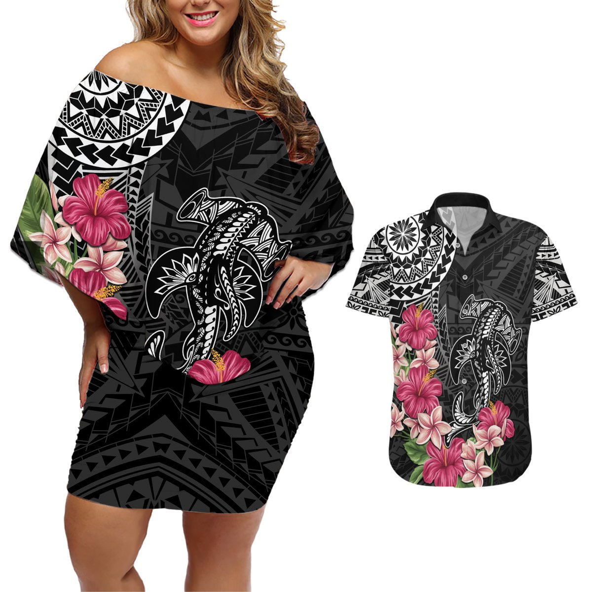 Black Polynesian Hammerhead Shark Tribal Pattern Couples Matching Off Shoulder Short Dress and Hawaiian Shirt