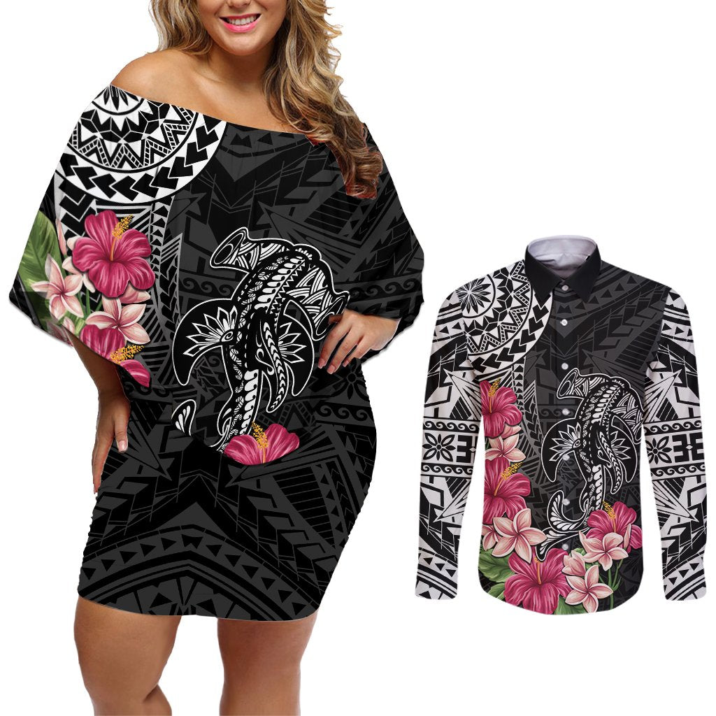 Black Polynesian Hammerhead Shark Tribal Pattern Couples Matching Off Shoulder Short Dress and Long Sleeve Button Shirt