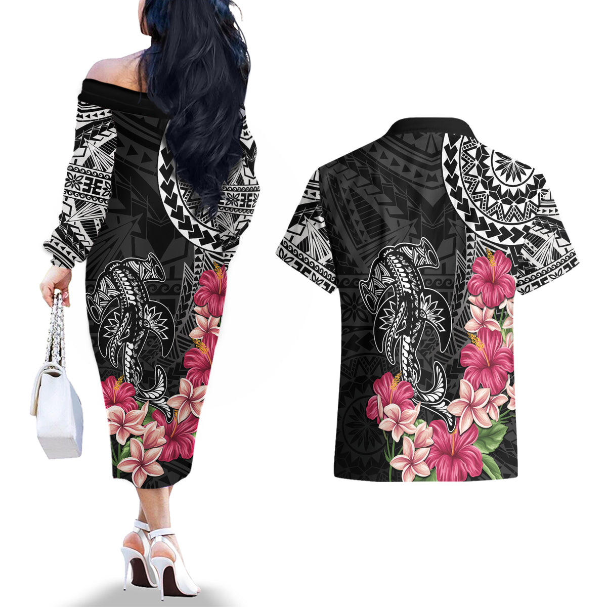 Black Polynesian Hammerhead Shark Tribal Pattern Couples Matching Off The Shoulder Long Sleeve Dress and Hawaiian Shirt