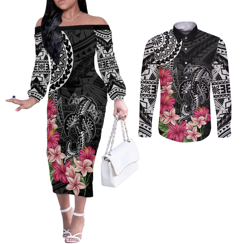 Black Polynesian Hammerhead Shark Tribal Pattern Couples Matching Off The Shoulder Long Sleeve Dress and Long Sleeve Button Shirt