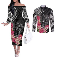 Black Polynesian Hammerhead Shark Tribal Pattern Couples Matching Off The Shoulder Long Sleeve Dress and Long Sleeve Button Shirt