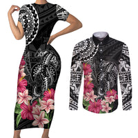 Black Polynesian Hammerhead Shark Tribal Pattern Couples Matching Short Sleeve Bodycon Dress and Long Sleeve Button Shirt