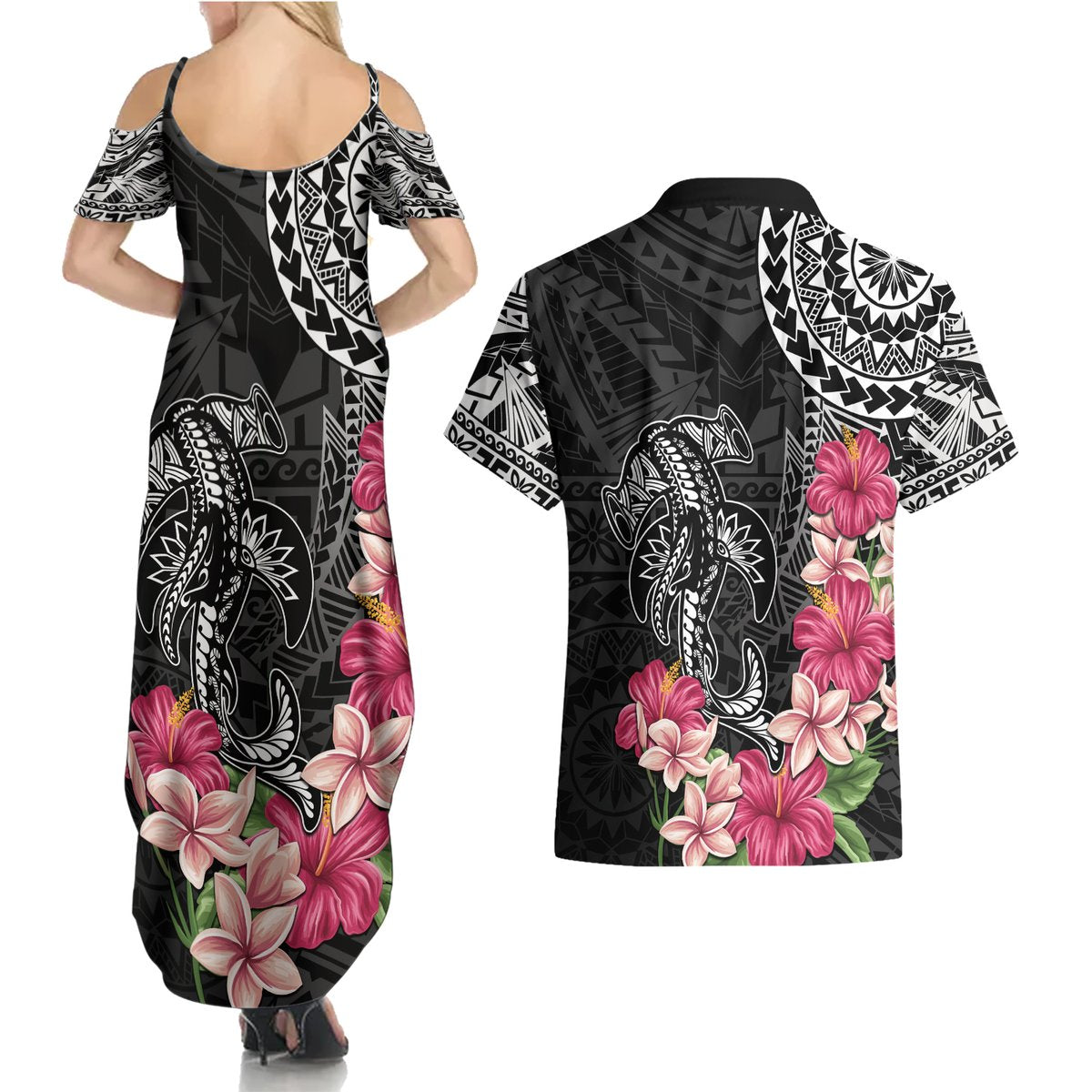 Black Polynesian Hammerhead Shark Tribal Pattern Couples Matching Summer Maxi Dress and Hawaiian Shirt