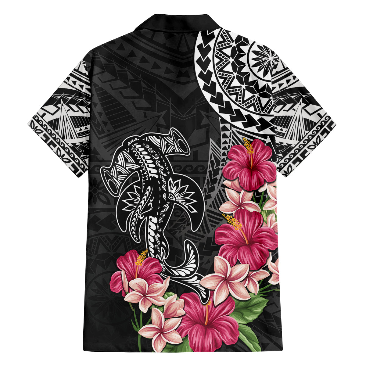 Black Polynesian Hammerhead Shark Tribal Pattern Family Matching Off The Shoulder Long Sleeve Dress and Hawaiian Shirt