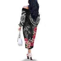 Black Polynesian Hammerhead Shark Tribal Pattern Family Matching Off The Shoulder Long Sleeve Dress and Hawaiian Shirt