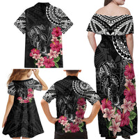 Black Polynesian Hammerhead Shark Tribal Pattern Family Matching Off Shoulder Maxi Dress and Hawaiian Shirt