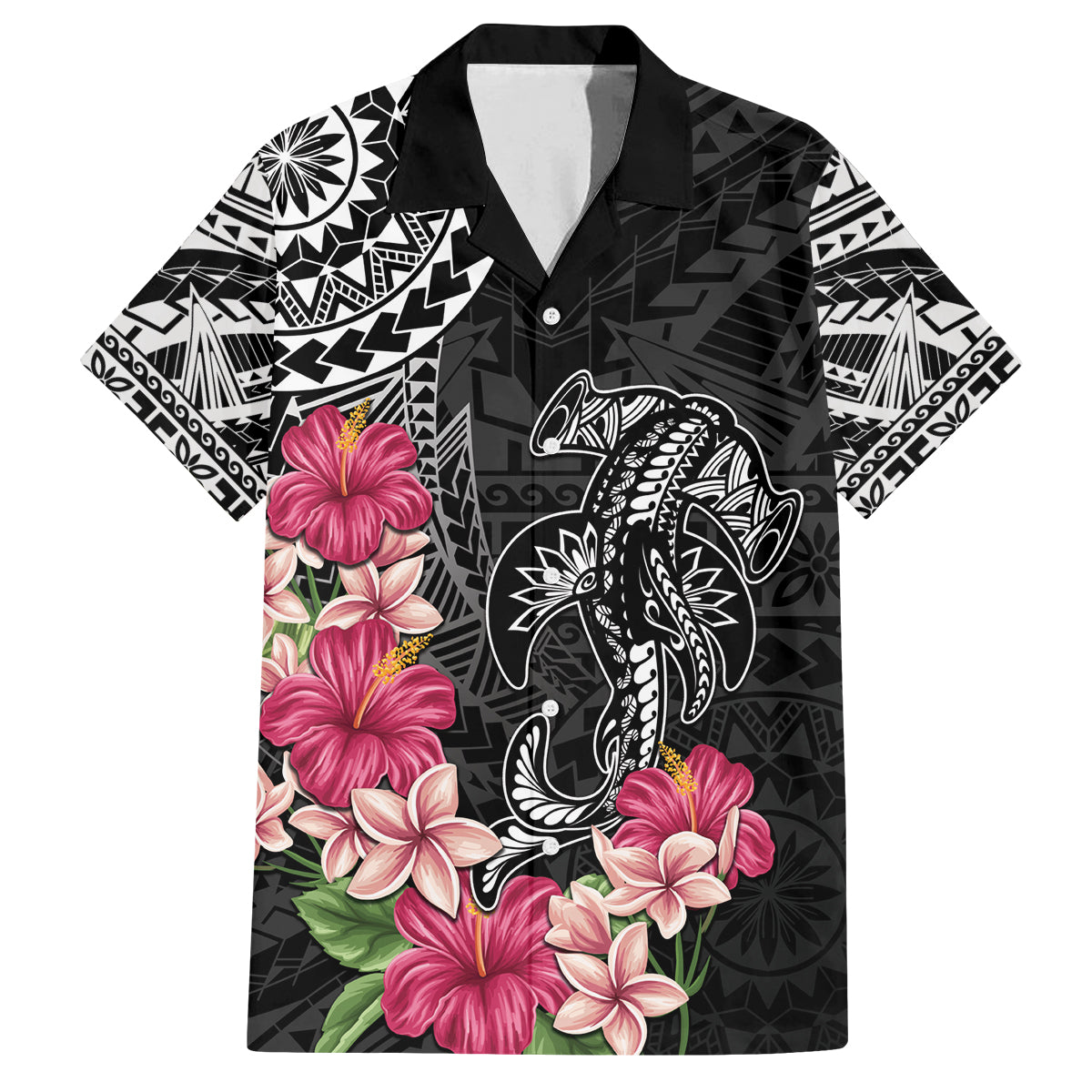 Black Polynesian Hammerhead Shark Tribal Pattern Family Matching Off Shoulder Maxi Dress and Hawaiian Shirt