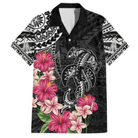 Black Polynesian Hammerhead Shark Tribal Pattern Family Matching Off Shoulder Maxi Dress and Hawaiian Shirt