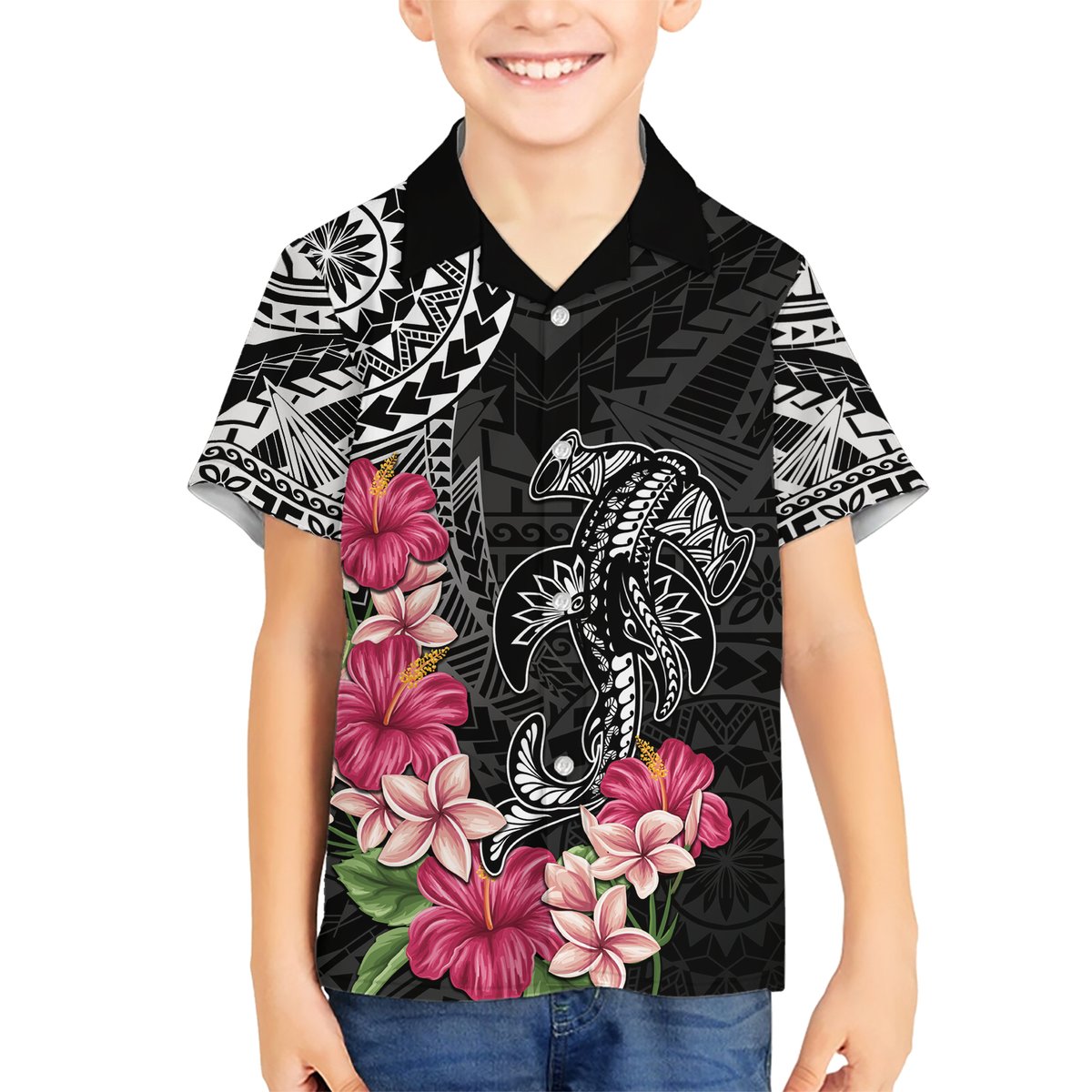 Black Polynesian Hammerhead Shark Tribal Pattern Hawaiian Shirt