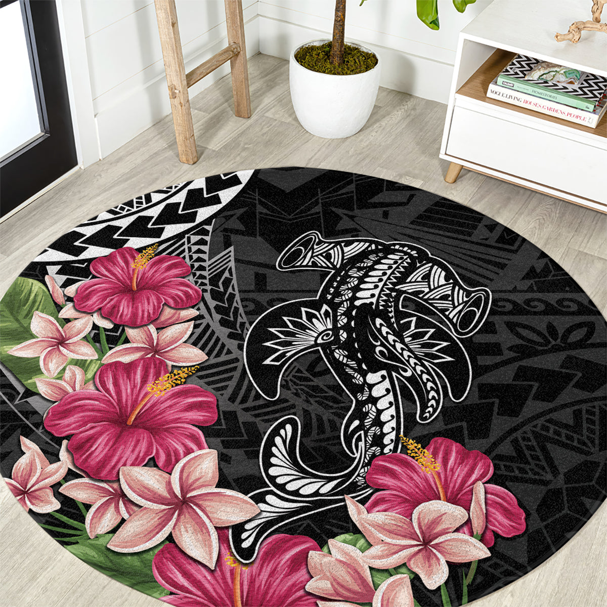 Black Polynesian Hammerhead Shark Tribal Pattern Round Carpet LT05 Black - Polynesian Pride