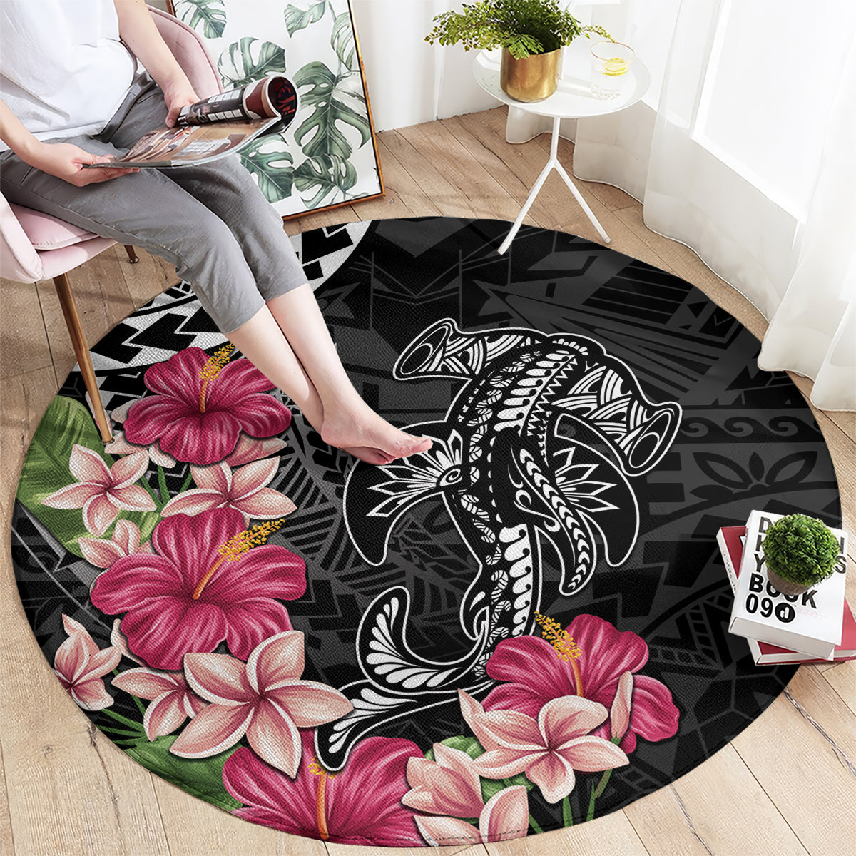 Black Polynesian Hammerhead Shark Tribal Pattern Round Carpet LT05 - Polynesian Pride