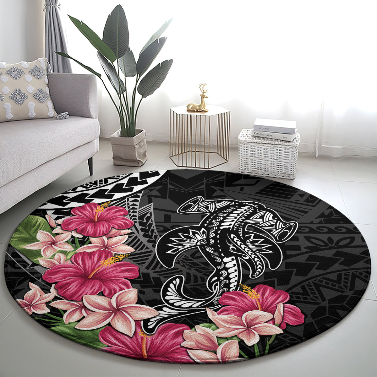 Black Polynesian Hammerhead Shark Tribal Pattern Round Carpet LT05 - Polynesian Pride