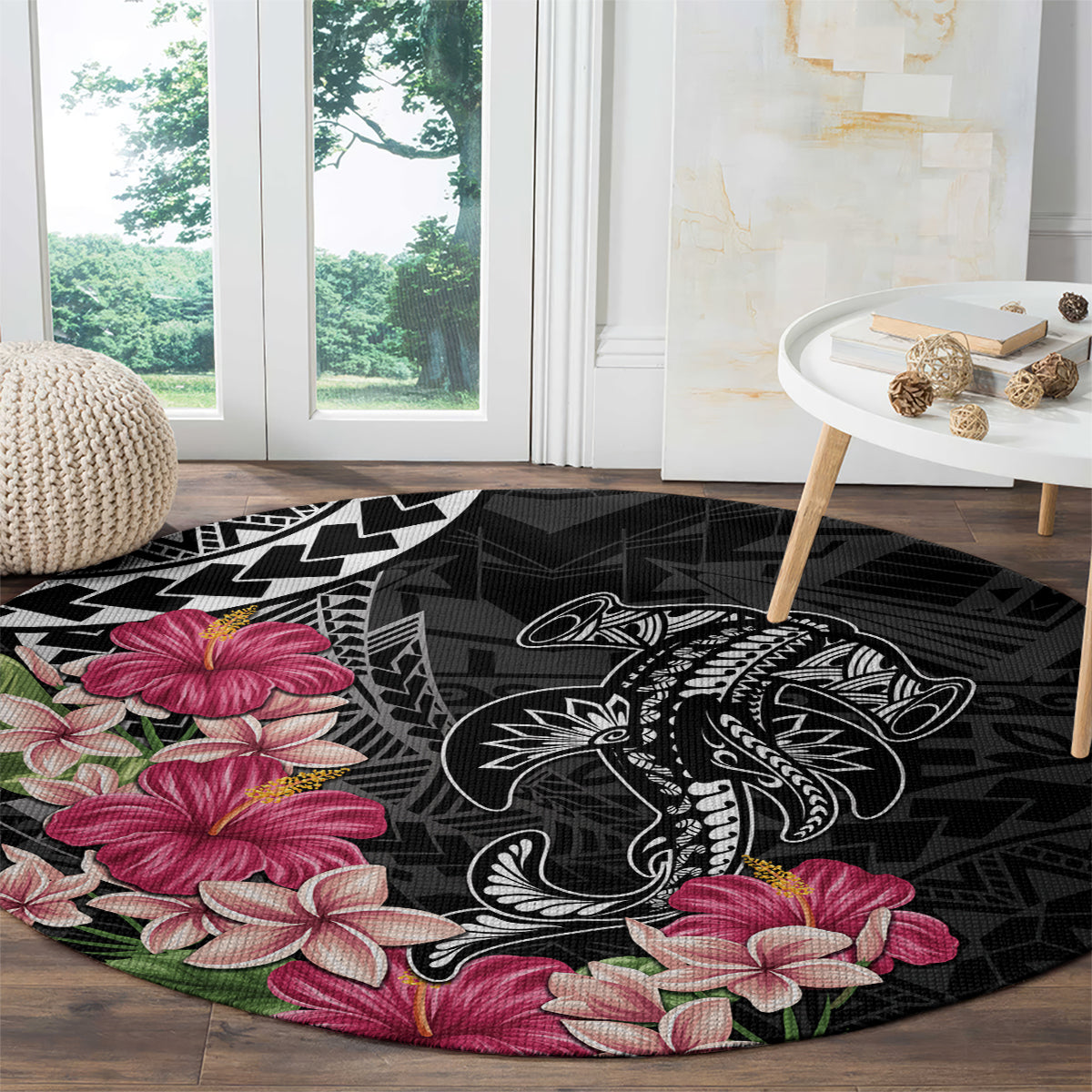 Black Polynesian Hammerhead Shark Tribal Pattern Round Carpet LT05 - Polynesian Pride