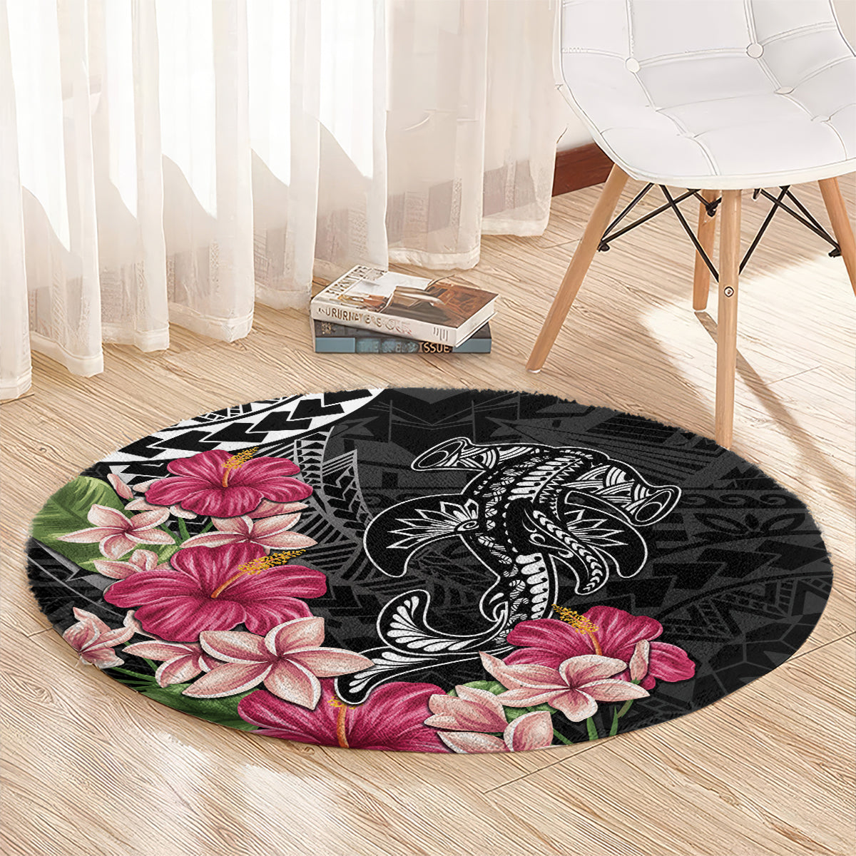 Black Polynesian Hammerhead Shark Tribal Pattern Round Carpet LT05 - Polynesian Pride