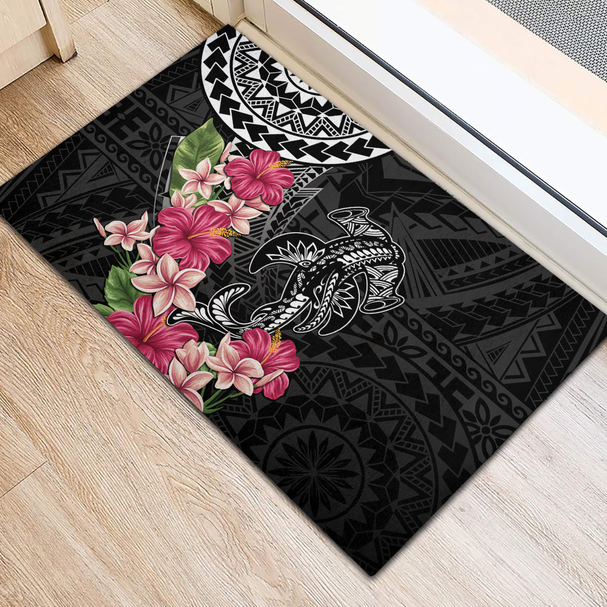 Black Polynesian Hammerhead Shark Tribal Pattern Rubber Doormat LT05 - Polynesian Pride