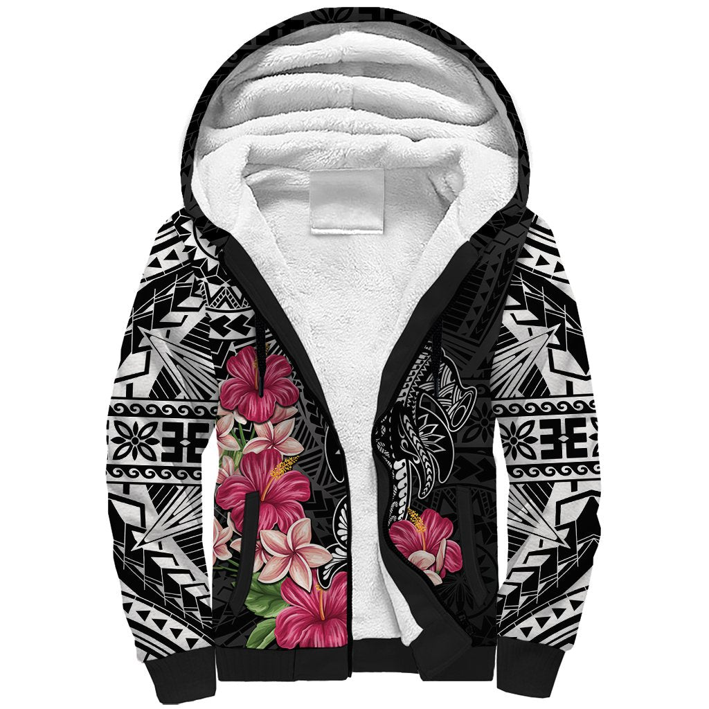 Black Polynesian Hammerhead Shark Tribal Pattern Sherpa Hoodie