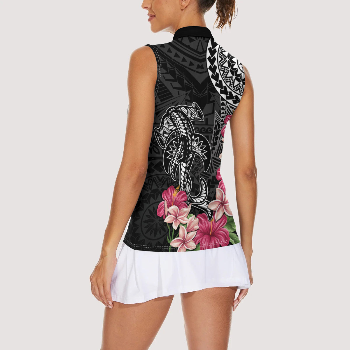 Black Polynesian Hammerhead Shark Tribal Pattern Women Sleeveless Polo Shirt