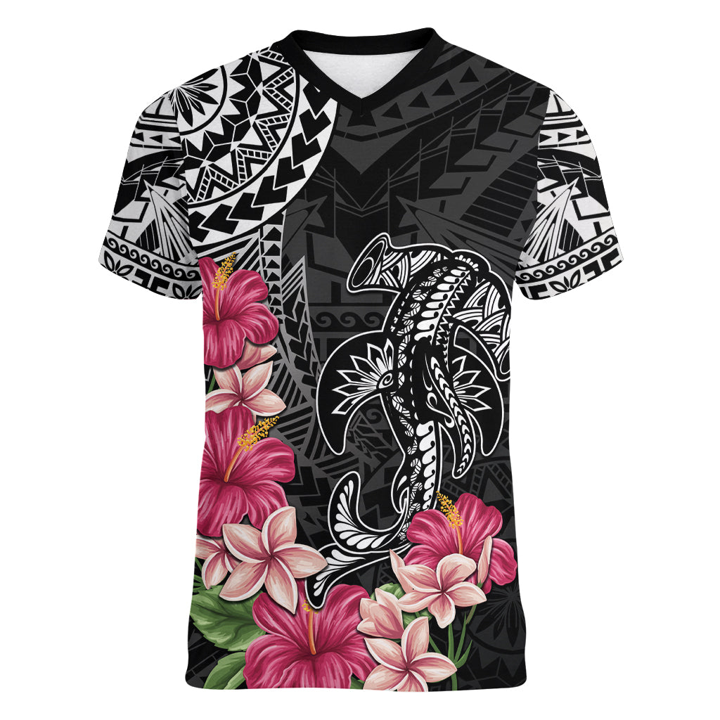 Black Polynesian Hammerhead Shark Tribal Pattern Women V-Neck T-Shirt