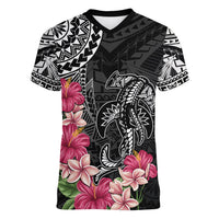 Black Polynesian Hammerhead Shark Tribal Pattern Women V-Neck T-Shirt