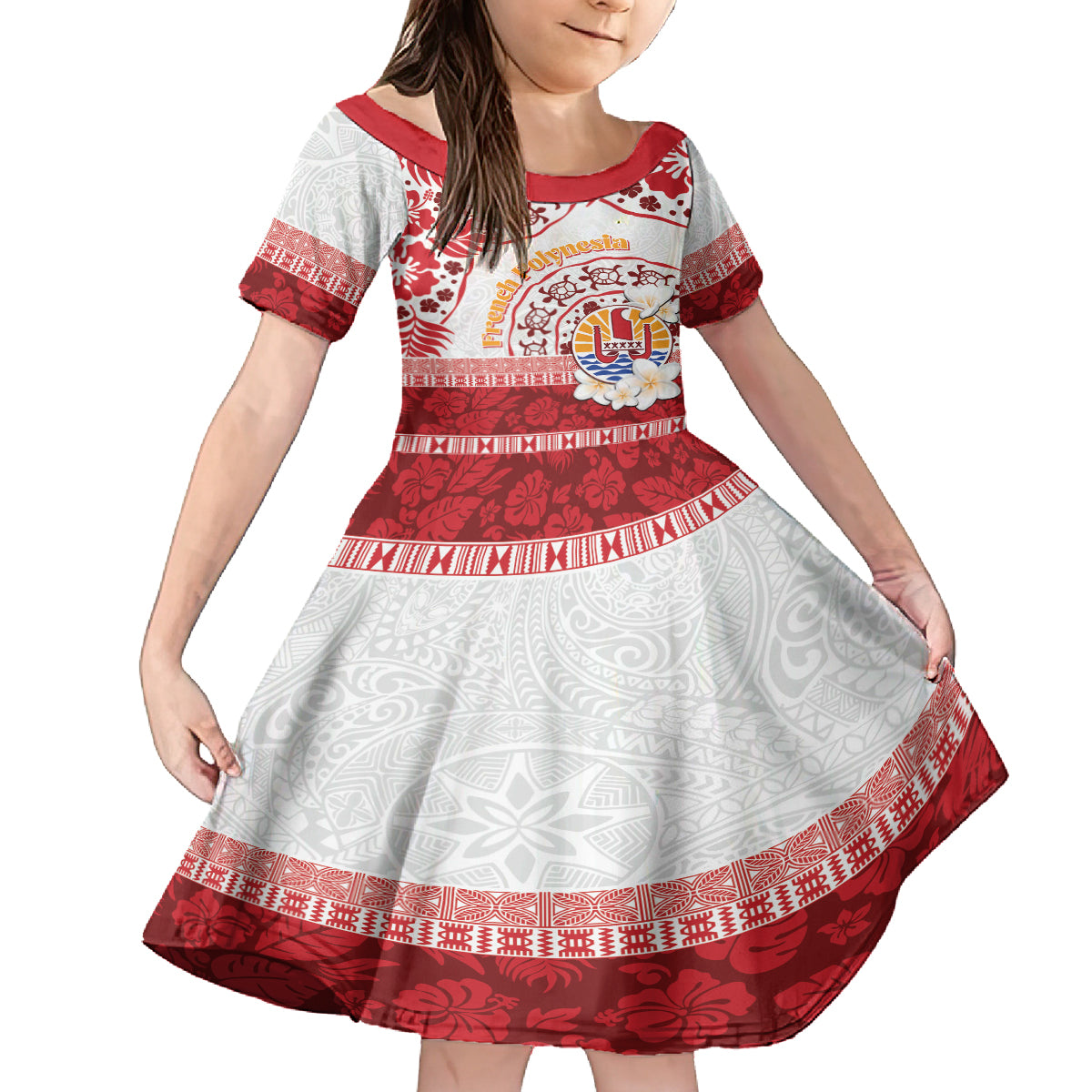 French Polynesia Internal Autonomy Day Family Matching Long Sleeve Bodycon Dress and Hawaiian Shirt Tropical Hibiscus And Turtle Pattern LT05 Daughter's Dress Red - Polynesian Pride