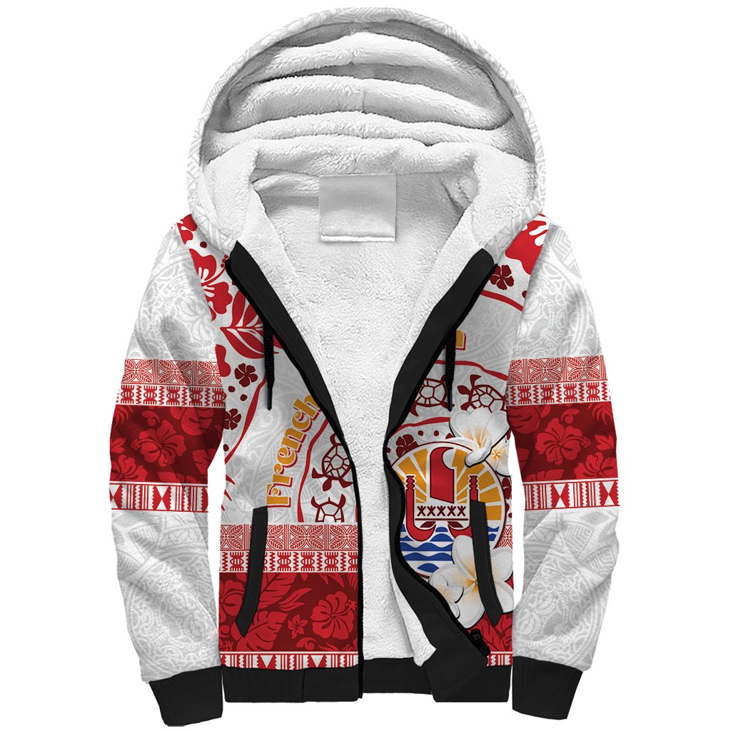French Polynesia Internal Autonomy Day Sherpa Hoodie Tropical Hibiscus And Turtle Pattern