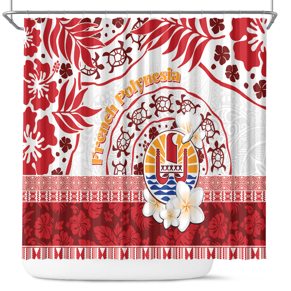 French Polynesia Internal Autonomy Day Shower Curtain Tropical Hibiscus And Turtle Pattern LT05 Red - Polynesian Pride