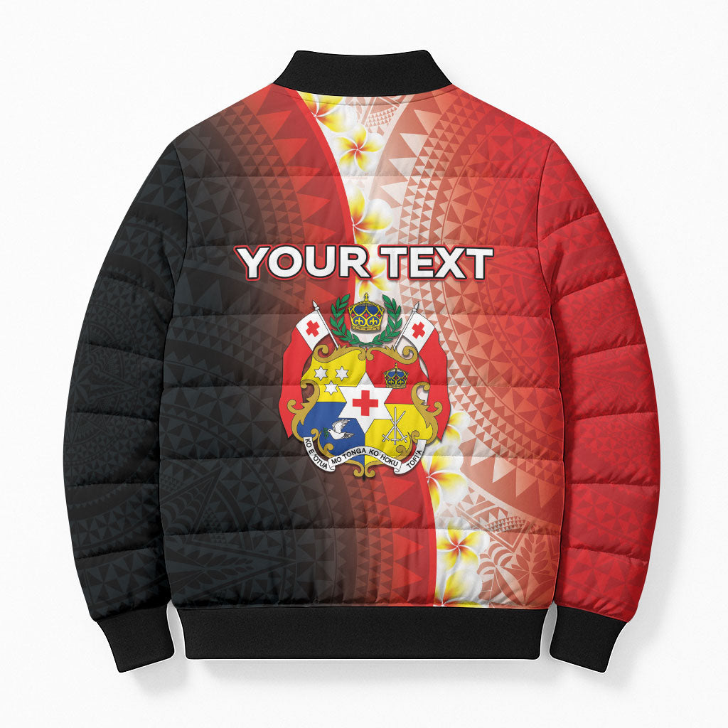 Personalised Tonga Emancipation Day Bomber Puffer Jacket Tongan Ngatu Pattern With Plumeria