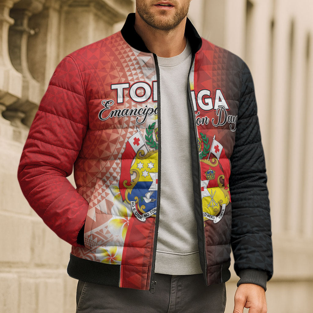 Personalised Tonga Emancipation Day Bomber Puffer Jacket Tongan Ngatu Pattern With Plumeria