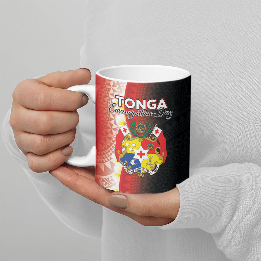 Personalised Tonga Emancipation Day Ceramic Mug Tongan Ngatu Pattern With Plumeria