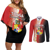 Personalised Tonga Emancipation Day Couples Matching Off Shoulder Short Dress and Long Sleeve Button Shirt Tongan Ngatu Pattern With Plumeria