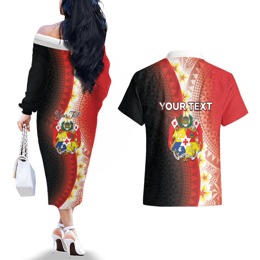 Personalised Tonga Emancipation Day Couples Matching Off The Shoulder Long Sleeve Dress and Hawaiian Shirt Tongan Ngatu Pattern With Plumeria