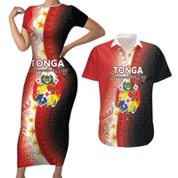 Personalised Tonga Emancipation Day Couples Matching Short Sleeve Bodycon Dress and Hawaiian Shirt Tongan Ngatu Pattern With Plumeria LT05 Red - Polynesian Pride