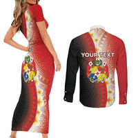 Personalised Tonga Emancipation Day Couples Matching Short Sleeve Bodycon Dress and Long Sleeve Button Shirt Tongan Ngatu Pattern With Plumeria
