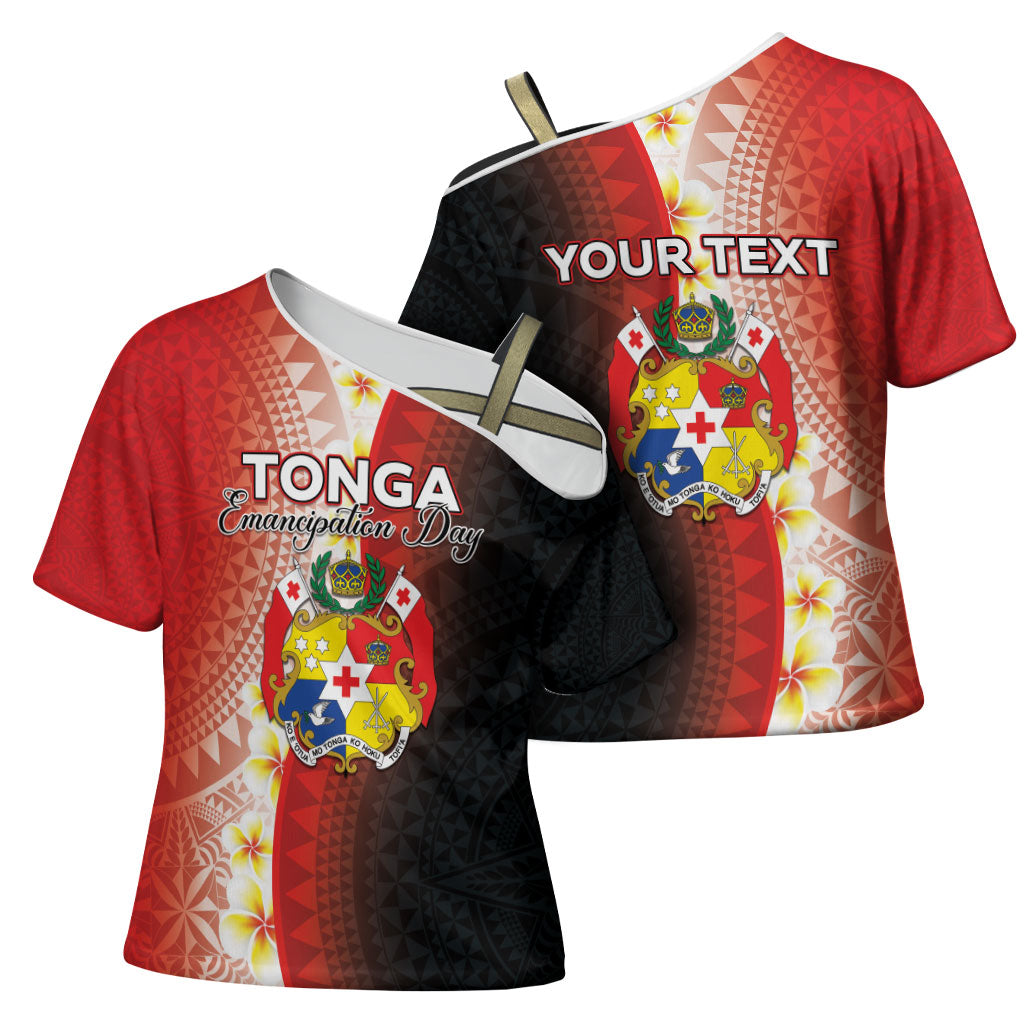 Personalised Tonga Emancipation Day Cross Shoulder Shirt Tongan Ngatu Pattern With Plumeria