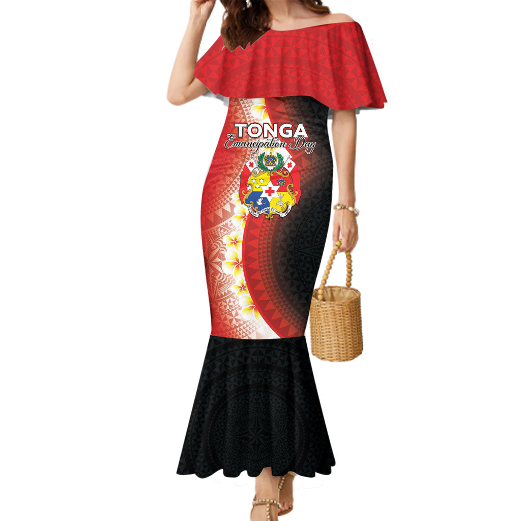 Personalised Tonga Emancipation Day Family Matching Mermaid Dress and Hawaiian Shirt Tongan Ngatu Pattern With Plumeria LT05 Mom's Dress Red - Polynesian Pride